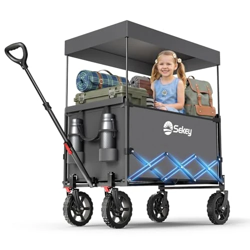 Tijdelijke aanbieding: Sekey XXL Handkar Opvouwbaar Kinderen 150L 150KG, Opvouwbare Handkar met Dak Opvouwbare Handkar met Zonnescherm voor Excursie Strand Kamperen, Dak-S 4018, Grijs van 89.99 € naar 89.99 € (0.00% korting)