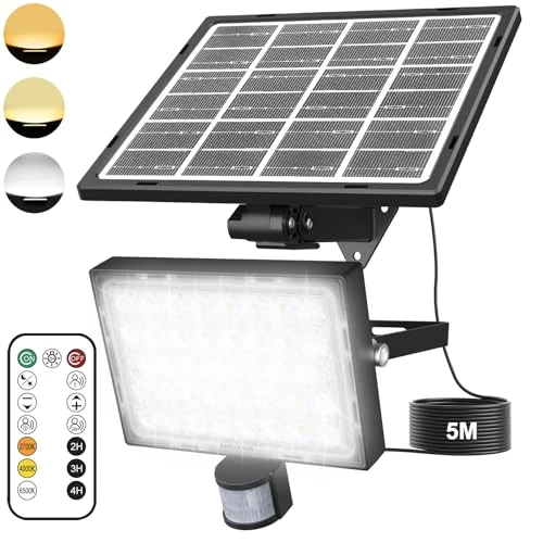 MEIKEE Zonnelamp voor buiten, met bewegingsmelder, 78 leds, 3000 lm, met afstandsbediening, dimbaar, 2700 K-6500 K, 5 modi, IP66, waterdicht, solarlampen op zonne-energie voor buiten, tuin, met 5 m