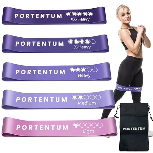PORTENTUM Resistance Bands Women [Set of 5] Skin-Friendly Resistance Exercise Band Set with 5 Different Resistance Levels - Physio Bands with Case Included - Ideal for Gym, Home, Yoga, Training