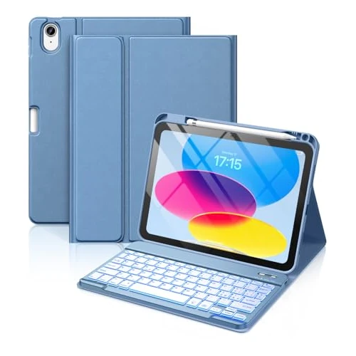 Vobafe Teclado for iPad 10 Generación 2022/11 Generación A16 2025 (10.9/11 Pulgada), QWERTY Español Ñ, Retroiluminado de 7 Colores Bluetooth Magnéticamente Teclado para iPad 10/11 Gen, Azul