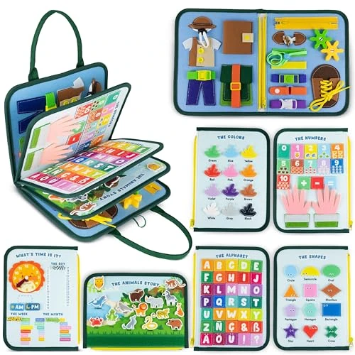 BONNYCO Montessori Busy Board Feltro. Valigetta Giochi Montessori Didattici, Pannello Sensoriale Bambini Board. Giochi Bambini 1 2 3 4 5 6 Anni, Regalo Bambino Bambina Bimbo Book Compleanno Natale