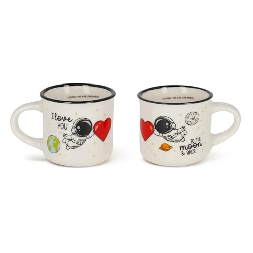Legami - Tazzine da Caffè Espresso For Two, Set da 2 Coffee Mug in Porcellana New Bone China, Tazza Caffè Lavabile in Lavastoviglie, Tema Astronauta I Love You, Diametro 5,5 cm, Capacità 50 ml