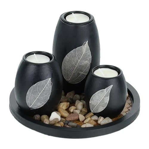 Oferta limitada: Relaxdays Set Portavelas con Bandeja y Piedras Decorativas, Ø 19,5 cm, 3 Velitas, Decoración de Mesa, Negro/Marrón de 29.99 EUR a 12.76 EUR (ahorro 57%)