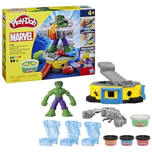 Play-Doh Marvel, Coffret Hulk Écrase Tout, Figurine Flexible et 4 Pots de Pâte à Modeler, Jouets Créatifs pour Enfants, Jeux de Rôle Super-Héros