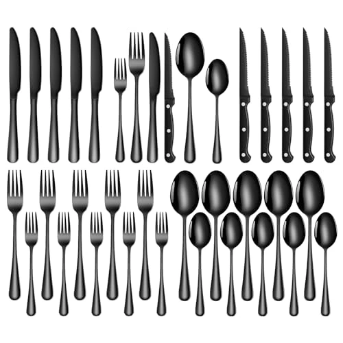 Oferta limitada: TAN REN Cuberteria negra para 6 personas, Juego de cubiertos de acero inoxidable de 36 piezas(Negro), incluye cuchillo, tenedor, cuchara, cuchillo de carne, pulido espejo, apto para lavavajillas de 46.99 EUR a 46.99 EUR (ahorro 0%)