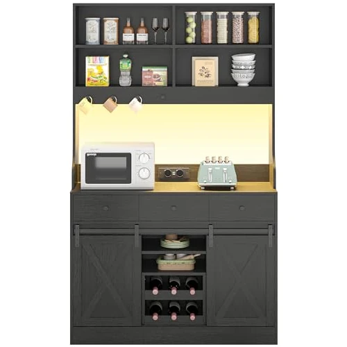 Kitchen Cabinet, Sideboard with LED Lighting, Socket, Buffet Cabinet, Removable Wine Rack, 3 Drawers, Adjustable Shelves, Large Storage Space, Kitchen, Dining Room, 103.5 x 40 x 180 cm, Black