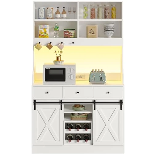 Zeitlich begrenztes Angebot: Küchenschrank, Sideboard mit LED-Beleuchtung, Steckdose, Buffetschrank, Abnehmbares Weinregal, 3 Schubladen, Verstellbaren Ablagen, Großer Stauraum, Küche, Wohnzimmer, Esszimmer, 103.5*40*180 cm, Weiß von 149.99 € auf 149.99 €