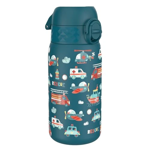 ion8 Botella Agua Inox Ligero para Niños, 400ml, Sin Aislamiento, a Prueba de Fugas, Fácil de Abrir, Cerradura Segura, Apta para Lavavajillas, Tapa Abatible, Fácil de Limpiar, Vehículos De Rescate