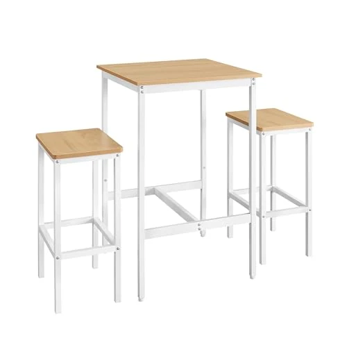VASAGLE Bartafelset met krukken, eettafel met 2 stoelen, kleine keukentafel, barstoelen, voor eetkamer, keuken, goudkleurig eiken en wolkenwit LBT017W09