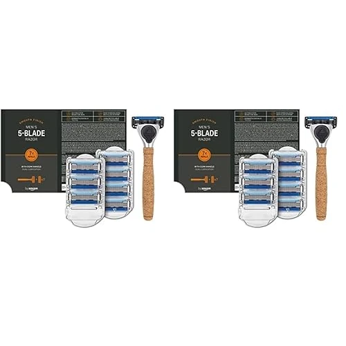 by Amazon Men Maquinilla de afeitar de 5 hojas con mango de corcho, 9 unidades + 8 recargas (Anteriormente marca Solimo) (Paquete de 2)