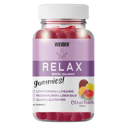 Weider Relax Gummies (40 Caramelle Gommose) Gusto Punch di Agrumi. Caramelle con L-Teanina, L-Triptofano, estratti Passiflora e Melissa, Vitamine B6. Aiuta a Rilassarsi. Senza Zucchero, Senza Glutine.