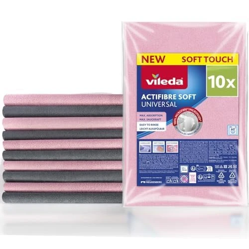 Offerta a tempo: Vileda Actifibre Soft Multipack, 10 Panni in Microfibra Multiuso, Pulizia Senza Aloni, Alta Assorbenza, Morbidi al Tatto, Rosa e Grigio, per Cucina e Bagno - 26% da 14.90 € a 10.99 €