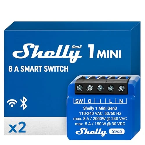 Offerta a tempo: Shelly 1 Mini Gen3, Relè Intelligente WiFi e Bluetooth, 1 Canale, 8A, Domotica, Contatti Puliti, Controllo Remoto Luci, Dimensioni Compatte, Alexa e Google Home, iOS e Android (2 pezzi) - 31% da 29.99 € a 20.58 €