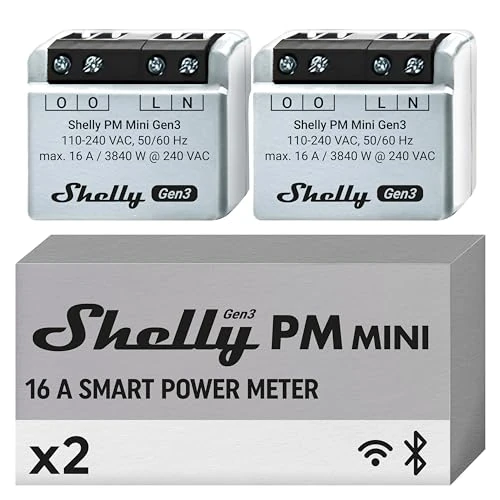 Shelly PM Mini Gen3 – x2, Inteligentny licznik energii Wi-Fi, 1 kanał – 16A, zdalny pomiar zużycia przez aplikację, bramka BLE, pamięć 8 MB, skrypty, akcje URL