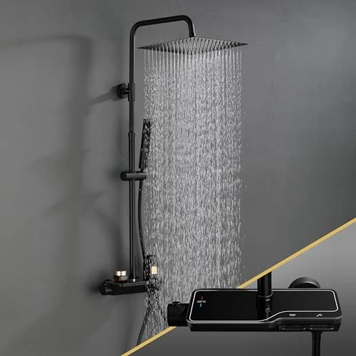 Tijdelijke aanbieding: Görbach Zwarte Douchesysteem met Thermostaat, Douchezuil van Roestvrij Staal, 304 met Mengkraan, Regendoucheset met handdouche (20 × 20 cm vierkant) van 186.30 EUR naar 186.30 EUR (korting 0%)