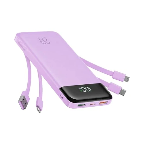 Charmast Power Bank 20.000 mAh met geïntegreerde kabels USB C draagbare oplader snel opladen 22,5W externe batterij LED-display met 5 uitgangen en 4 ingangen voor smartphones en tablets (paars)