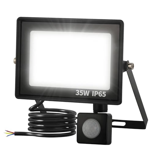 FUPE Reflektor LED 35 W z czujnikiem ruchu na zewnątrz, super jasny, 3500 lm, klasa wodoszczelności IP65, reflektor LED, nadaje się do ogrodu, garażu, boiska sportowego, podwórka, 6500 K, zimna biel