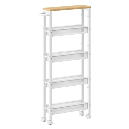 Limited-time offer: VASAGLE 5-Tier Trolley, Space-Saving Kitchen Cart with Castors, 13 cm Deep, Steel Frame, Handle, Trolley for Small Spaces, Kitchen Bathroom Living Room Studio, Oak Beige and White LRC034W09 from 32.99 £ to 24.64 £ (save 25%)