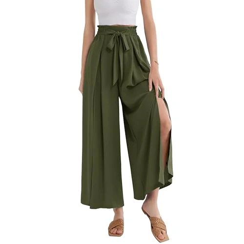 Tijdelijke aanbieding: GRACE KARIN Palazzo Fluid Split Enkelbroek voor dames met wijde pijpen en zakken, losse casual broek, Olijfgroen, M van 32.99 € naar 32.99 € (0.00% korting)