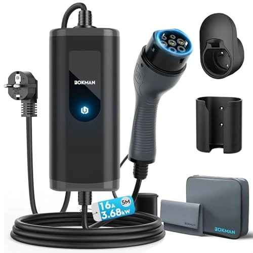 bokman Ładowarka EV Typ 2 Samochód elektryczny, 3,68 kW / 16A / 5 metrów / IP65 Wodoodporny, jednofazowy kabel do ładowania pojazdów elektrycznych