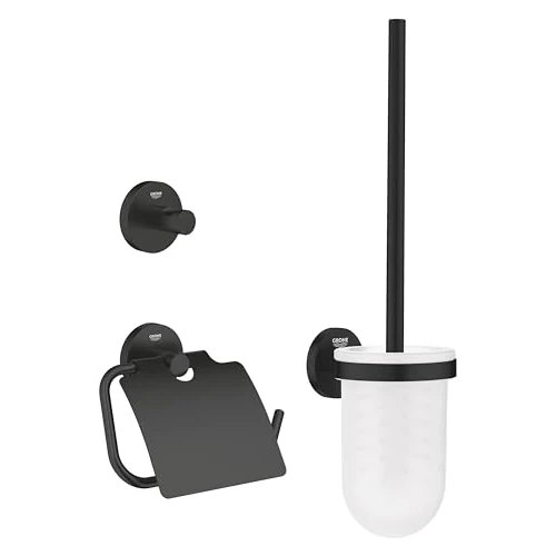 Offerta a tempo: GROHE Quickfix Start, Set Accessori Bagno 3 in 1 Portarotolo con Coperchio, Scopino Per WC, Gancio Per Accappatoio, Estremamente Facile da Montare Quickglue, Nero Opaco, 412042430 - 0.00% da 127.19 € a 127.19 €