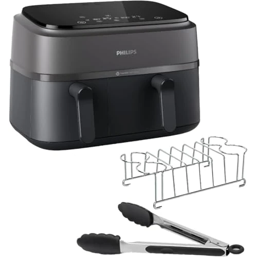 Philips Air Fryer 3000 Series Double Basket, 9 Litre, 2 Drawers, Breakfast Kit, Rapid Air Technology, 99% Less Fat, Energy Saving, HomeID Application (NA350/03)