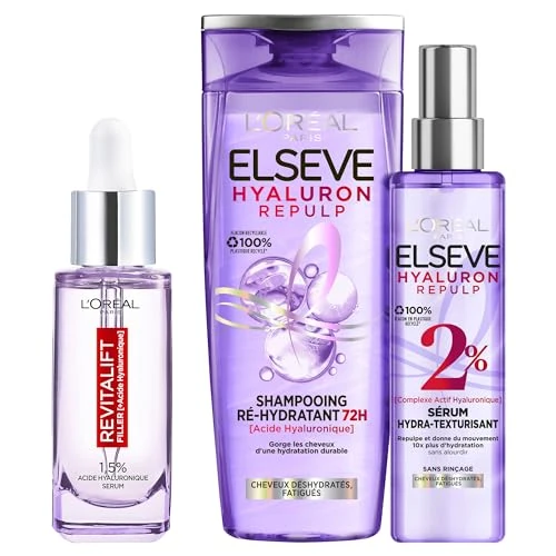 L'Oréal Paris Set Elseve Hyaluron Repulp Feuchtigkeitsspendendes Shampoo 72H 300 ml + Hydra-Texturisierendes Serum 150 ml + Serum gegen Falten Hyaluronsäure 30 ml