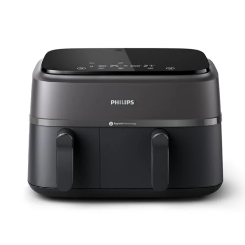 Philips Dual Basket Airfryer 3000 Series, 9 litre, Airfryer with 2 Drawers, Rapid Air Technology, Large Air Fryer for the Whole Family, 99% Less Fat and Energy Saving, NutriU Recipes App (NA350/00)