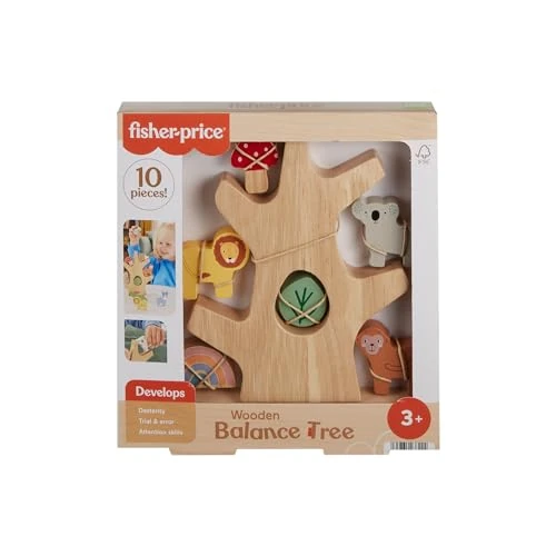 Fisher-Price - Alberello Amici Animali, gioco sensoriale in legno con 9 blocchi impilabili e 1 alberello, realizzato con legno da foreste certificate FSC, giocattolo per bambini, 3+ anni, HXT87