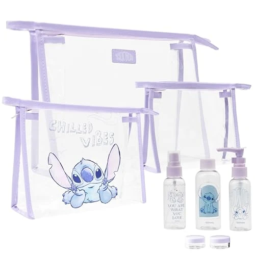 Tijdelijke aanbieding: Disney Stitch toilettasset voor vrouwen meisjes cosmetica make-up tas optie met navulbare reisflessen voor toiletartikelen vakantie benodigdheden, Lila Stitch 8 stuks, One Size, Set toilettas en van 18.49 € naar 18.49 € (0.00% korti