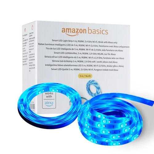 Offerta a tempo: Amazon Basics Striscia luminosa LED intelligente da 5 m, RGBW, Wi-Fi 2,4 GHz, compatibile solo con Alexa, Multicolore - 45% da 21.99 € a 12.09 €