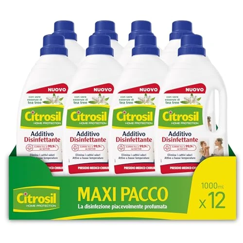 Offerta a tempo: Citrosil - Additivo Disinfettante Liquido per Lavatrice e Bucato a Mano, con Vere Essenze di Tea Tree, Azione Igienizzante e Disinfettante, Adatto per Capi Bianchi e Colorati, 1000 ml x 12 Confezioni - 27% da 54.88 € a 39.99 €