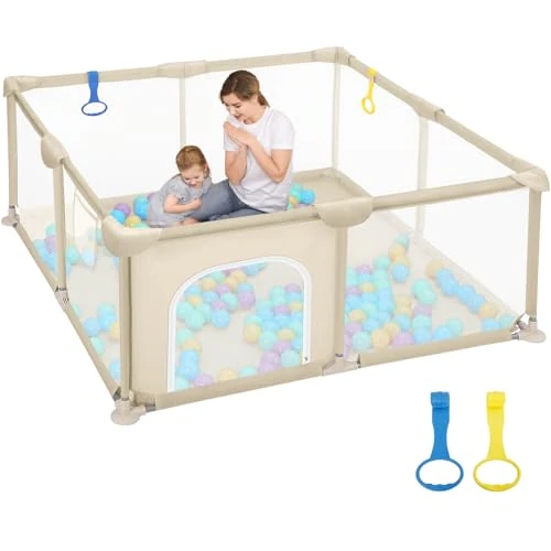 Dripex Box Enfants 127 x 127 cm, Clôture pour Enfants Tissu de lin résistant, boîte bébé avec filet respirant, 2 anneaux Box enfant, marron