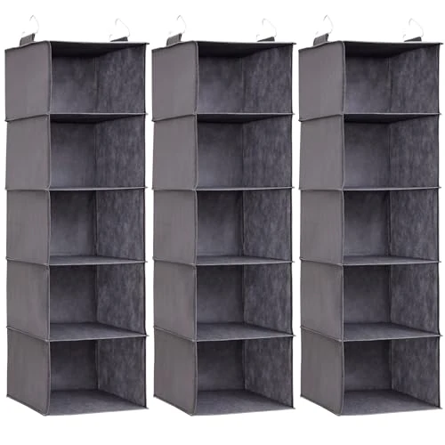 Lifewit Pack of 3 Hanging Shelves, Wardrobe Organiser, Hanging System Wardrobe, Hanging Storage Made of Fabric, Wardrobe Organiser System, Foldable and Space-Saving with Metal Hooks, 5 Compartments,