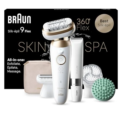 Braun Silk-épil 9 Flex SkinSpa All-in-One Set, Epilierer Damen / Haarentferner für langanhaltende Haarentfernung, Ladyshaver, Mini-Rasierer für den Körper, 9-481 3D, weiß/Gold