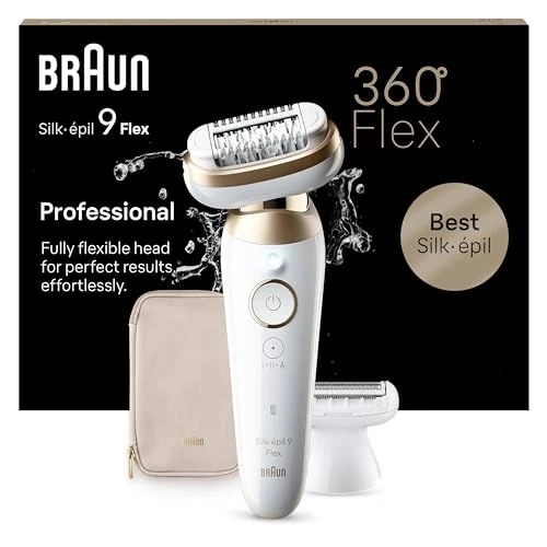 Braun Silk-épil 9 Flex Epilator with Flexible 360° Head for Easy Hair Removal, Wet & Dry, Long-Lasting Silky Smooth Skin, with Razor Attachment and Trimmer Attachment, 9-041 3D, White/Gold