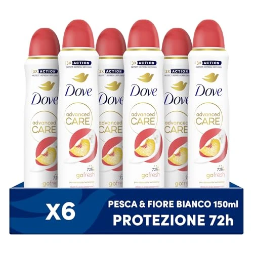Dove Advanced Care Go Fresh Peach Deodorant Spray with Moisturising and Skin-Friendly Formula, Alcohol Free, Dry Skin up to 72 Hours, Deodorant for Men and Women, Pack of 6 x 150 ml