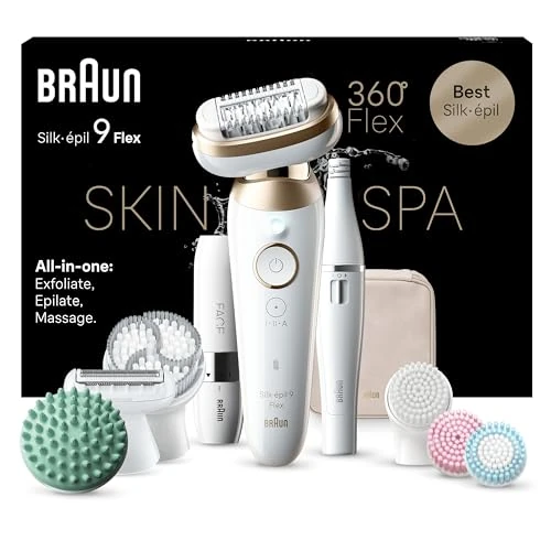 Braun Silk-épil 9 Flex SkinSpa All-in-One Set, Women's Epilator/Hair Remover for Long-Lasting Hair Removal, Ladyshaver, Made in Germany, Facespa Facial Hair Remover, 9-681 3D, White/Gold