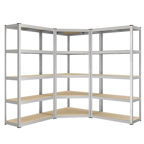 SONGMICS Set di Scaffale Angolare a 5 Ripiani, Scaffalatura ad Angolo in Acciaio per Carichi Pesanti, per Garage, Ripostiglio, Magazzino, Portante 2625 kg, Argento Pallido e Beige Naturale GLR070E03