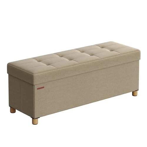 SONGMICS Puff Almacenaje, Baúl Plegable con Patas, 38 x 110 x 40 cm, Banco de Pie de Cama, Banco Almacenaje, Soporta hasta 300 kg, para Sala de Estar, Dormitorio, Entrada, Marrón Camello LSF018K11