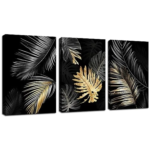 Offre limitée : 3 Pièces Feuilles d'or noir Tableau Décoration Murale Salon Impression sur Toile Image sur Toile Abstraite Peintures sur Toile Décoration Murale pour Chambre Maison Bain prêt à accrocher 50x70cmx3pcs de 69.99 € à 55.99 € (20% de remise)