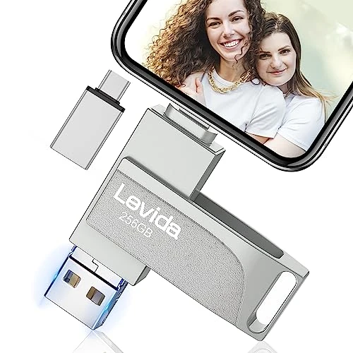 USB Stick 256 GB for Phone, Levida Memory Stick, Photo Stick, External Memory 4 in 1, Photo Stick 3.0, Flash Drive for Mobile Phone, iOS, Android, Pad, Laptop, PC (Mobile Memory, Automatic Photo