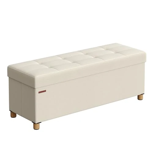 SONGMICS Pouf de rangement, coffre pliable avec pieds, 38 x 110 x 40 cm, banc de rangement, charge jusqu'à 300 kg, pour salon, chambre, entrée, blanc crème LSF018W11