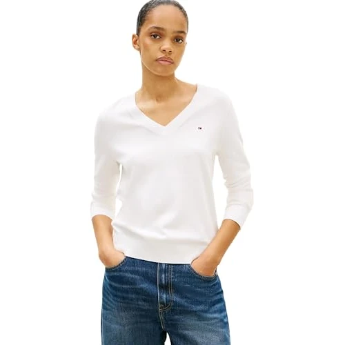Oferta limitada: Tommy Hilfiger Jersey Mujer Co Jersey Stitch Sweater con Cuello de Pico, Blanco (Ecru), XS de 99.90 EUR a 99.90 EUR (ahorro 0%)