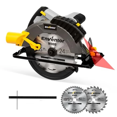 ENVENTOR 1650W Circular Saw, 5500RPM Electric Circular Saws Wired, Powerful Motor, Cut 62mm (90°), 46mm (45°), (Saw Blade Diameter: 185mm), for Wood, PVC