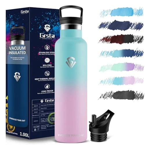 Offerta a tempo: Grsta Borraccia Termica - 1L - Acciaio Inox, Senza BPA, con Cannuccia, Borraccia Palestra, Bottiglia Termica Senza Perdite, per Sport, Scuola, Yoga - 23% da 18.99 € a 14.71 €