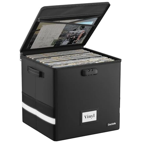 DocSafe Caja de almacenamiento de discos de vinilo con cerradura, caja de almacenamiento de vinilo ignífuga e impermeable para discos de 12 pulgadas, Black, 33x33x33cm, Moderno
