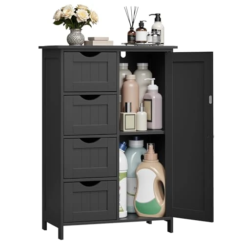 Oferta limitada: VASAGLE Armario de Baño, Mueble de Baño Estrecho, Cómoda de Baño, Cajonera con 4 Cajones, Armario con Puerta, Estante Ajustable, 30 x 55 x 82 cm, Negro Tinta LHC041B02 de 64.99 EUR a 55.49 EUR (ahorro 15%)