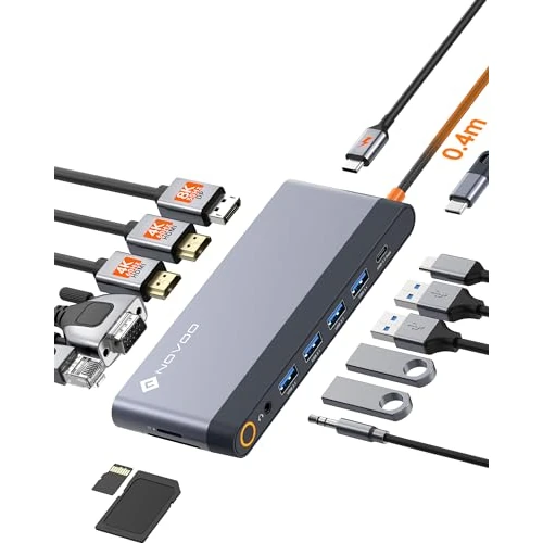 NOVOO Docking Station Dual Monitor, USB C Hub Dual HDMI 4K 60Hz, Displayport, VGA, Gigabit Ethernet, PD 100W, USB x5, SD/TF en 3,5 mm audio, docking station voor MacBook HP Lenovo Dell