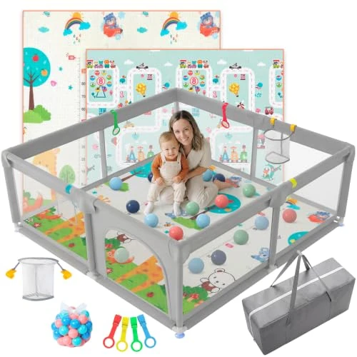 Offerta a tempo: JUPPLIES Box Bambini 120×120 cm – Recinto Gioco per Neonato 6-24 Mesi, Rete Traspirante 360°, Struttura Antiscivolo e Robusta, Facile da Montare (Grigio con tappeto + palline + borsa per il trasporto) - 5% da 68.99 € a 65.53 €
